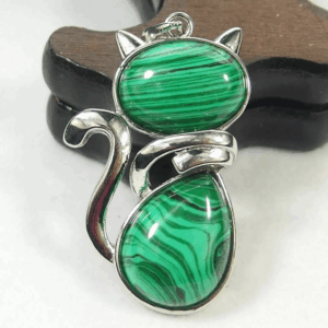 Halsband – Naturlig ädelsten – Malachite – Kattmotiv