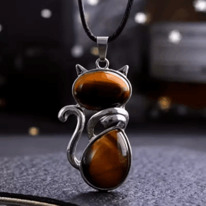 Halsband – Naturlig ädelsten – Tiger Eye – Kattmotiv
